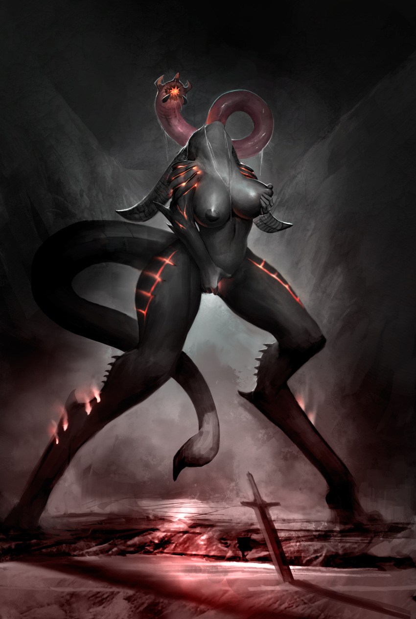 2022 2_horns 4_nipples areola arm_spikes big_breasts big_horn biped black_areola black_body black_scales bodily_fluids breasts curvy_figure demon demon_humanoid detailed digitigrade drooling drooling_tongue elbow_spikes exalted_imeda female fingering fingering_self fog front_view full-length_portrait genitals glowing glowing_genitalia glowing_markings glowing_mouth glowing_pussy grey_body head_back hi_res horn huge_tongue humanoid leg_spikes long_legs low-angle_view markings masturbation melee_weapon multi_nipple navel nipple_fetish nipple_pinch nipple_play nipples not_furry orange_mouth pinch pink_tongue portrait pussy red_markings saliva scales shaded solo spikes spikes_(anatomy) standing stinger_tail sword sword_in_ground thick_thighs tongue tongue_mouth tongue_out towerpractice vaginal vaginal_fingering weapon wide_hips