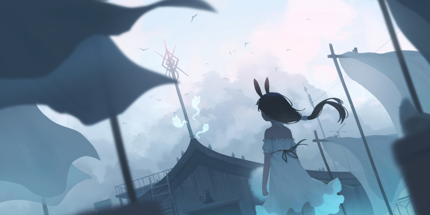 1girl absurdres animal_ears bird brown_hair building cat cloud cloudy_sky dress ghost highres low_ponytail off-shoulder_dress off_shoulder original outdoors overcast rabbit_ears rabbit_girl scenery sky solo white_dress wind yao_ren_gui