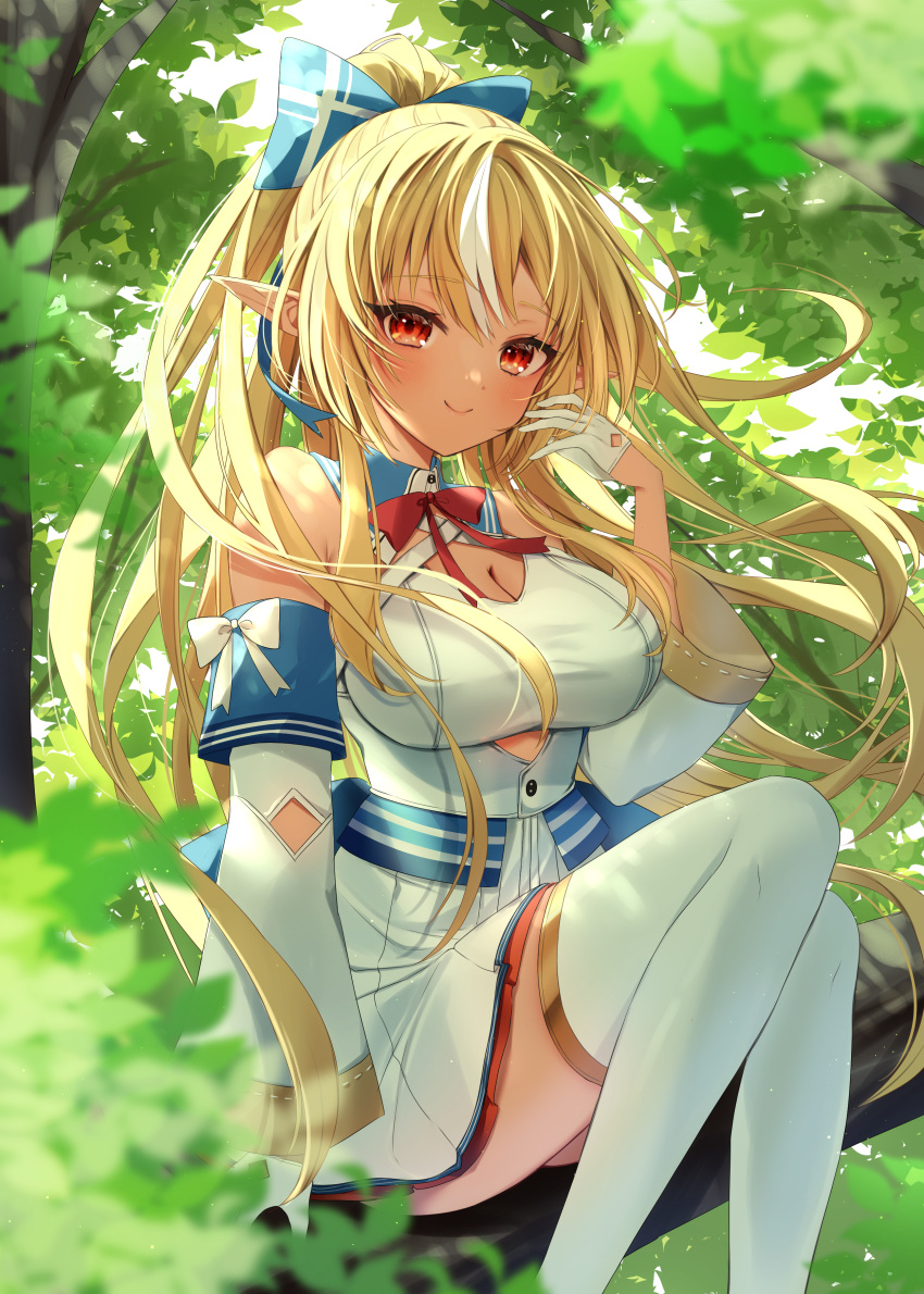 1girl absurdres blonde_hair blue_bow blue_collar blush bow breasts cleavage cleavage_cutout clothing_cutout collar dark-skinned_female dark_skin detached_collar detached_sleeves dress gloves hair_bow high_ponytail highres hololive in_tree ineka_ka large_breasts multicolored_hair orange_eyes pointy_ears red_ribbon ribbon shiranui_flare shiranui_flare_(1st_costume) sitting sitting_in_tree smile solo streaked_hair thighhighs tree virtual_youtuber white_dress white_gloves white_hair white_sleeves white_thighhighs