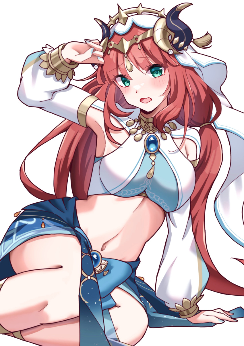 1girl arm_support blue_nails blue_skirt blush breasts brooch commentary_request crop_top fake_horns feet_out_of_frame genshin_impact green_eyes highres horns jewelry kiliha0805 large_breasts long_hair long_sleeves looking_at_viewer midriff nail_polish navel neck_ring nilou_(genshin_impact) open_mouth red_hair simple_background sitting skirt solo stomach veil very_long_hair white_background