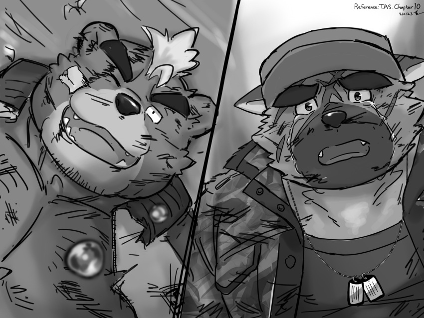 2boys ashigara_(housamo) bara baseball_cap bear_boy bruise camouflage camouflage_jacket crying crying_with_eyes_open cuts dog_boy dog_tags ears_down facial_hair furry furry_male greyscale hat highres injury jacket large_pectorals male_focus mature_male monochrome multiple_boys muscular muscular_male one_eye_closed open_clothes open_jacket pectoral_cleavage pectorals sad saro_(rotsw_00022) short_hair stubble tears thick_eyebrows tokyo_afterschool_summoners upper_body yasuyori_(housamo)