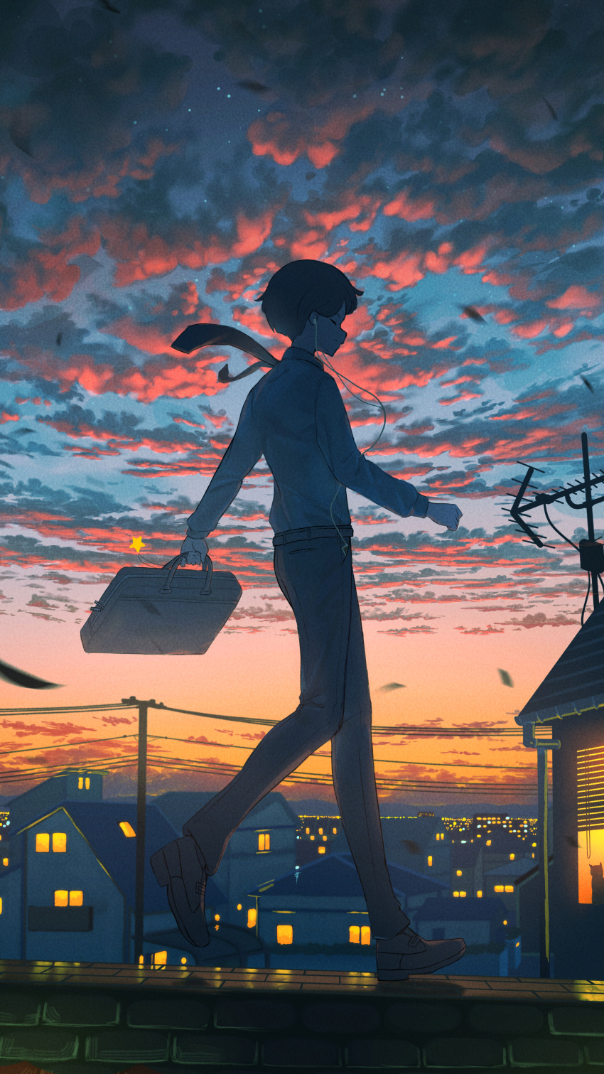 1boy absurdres black_hair briefcase building closed_eyes closed_mouth cloud collared_shirt earphones evening full_body highres holding holding_briefcase house male_focus necktie original outdoors pants pasoputi scenery shirt short_hair sky solo very_short_hair walking white_shirt