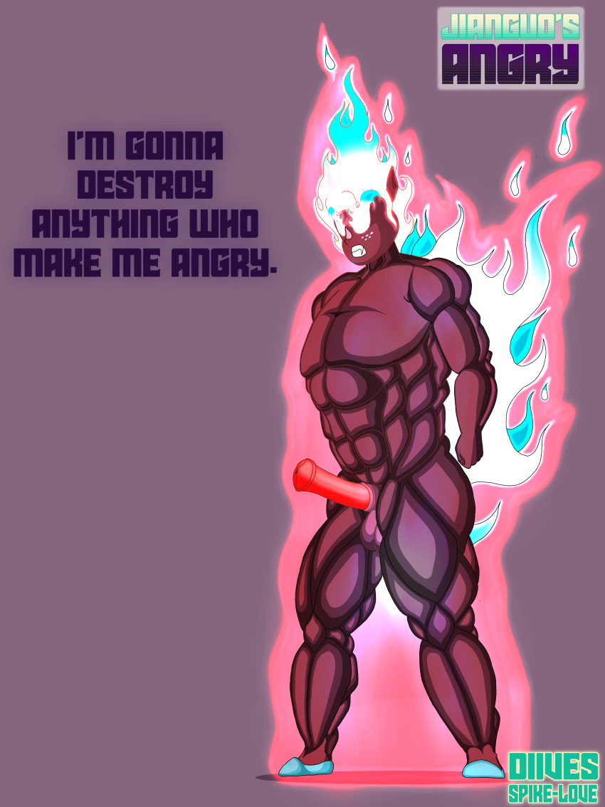absurd_res angry angry_face anthro biceps black_body blue_fire colored_fire diives fire flaming_hair full-length_portrait genitals hi_res human jianguo male male/male mammal muscular muscular_male penis portrait pseudo_hair scary_face serious_face spikelove15 standing