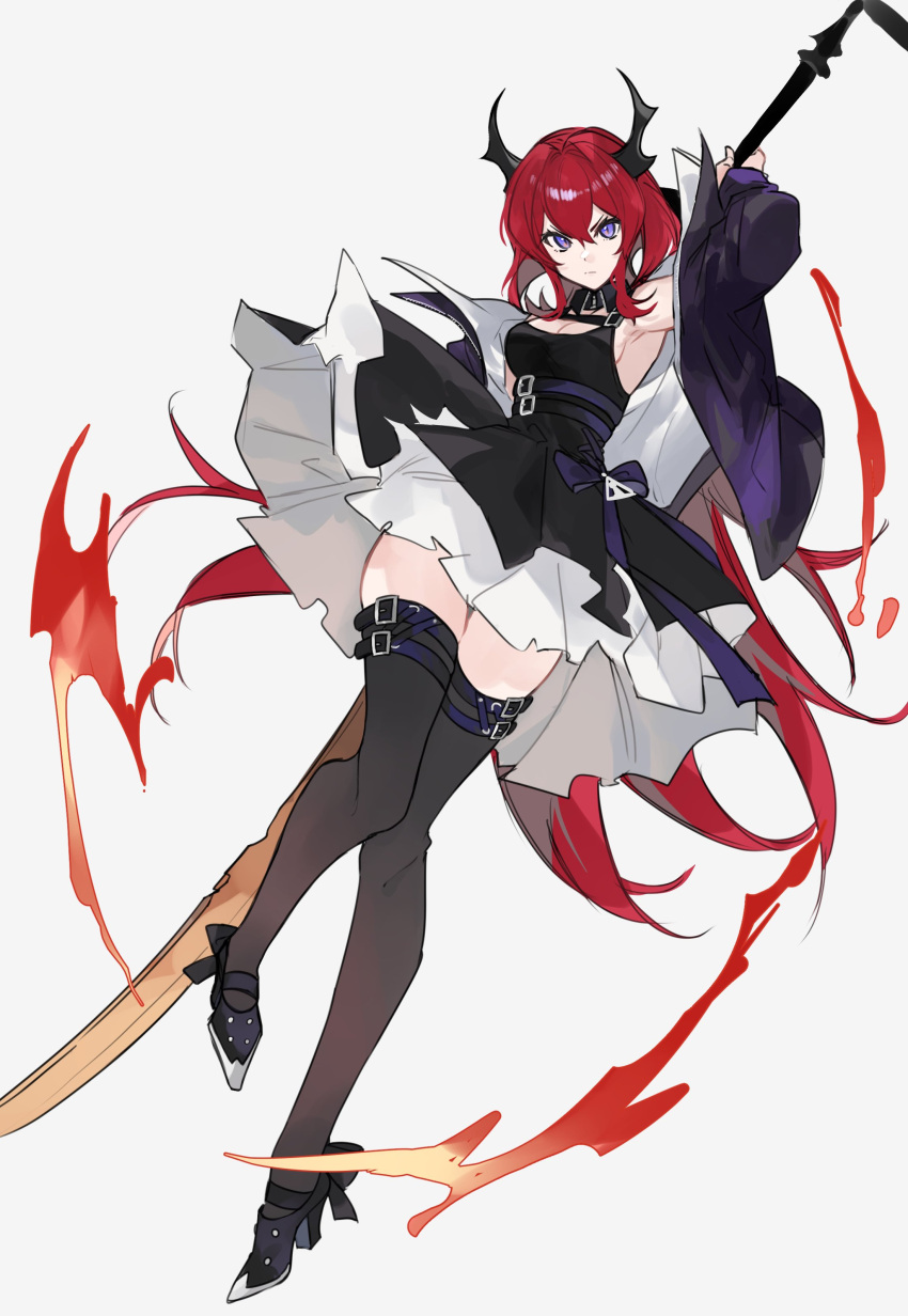 1girl absurdres arknights arm_up armpits black_dress black_footwear black_thighhighs blue_jacket breasts cleavage commentary demon_girl demon_horns dress fire full_body glaring highres holding holding_sword holding_weapon horns jacket large_breasts layered_dress long_hair open_clothes open_jacket purple_eyes purple_jacket red_hair solo surtr_(arknights) sword thigh_strap thighhighs weapon yakota_(usuk-yako)