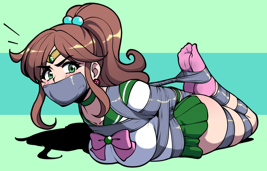 1girl bdsm bishoujo_senshi_sailor_moon bondage bound brown_hair choker collarbone feet green_eyes highres hogtie jam-orbital socks solo tape