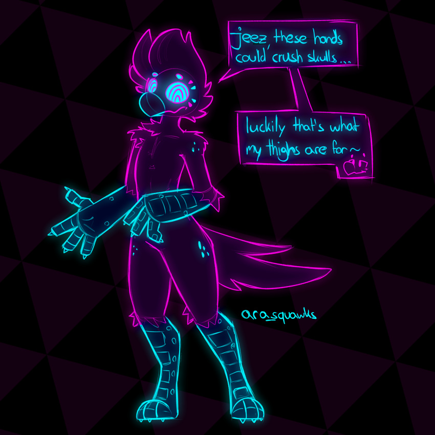 anthro ara_(arathemacaw) arathemacaw avian beak bird blue_eyes claws dialogue digital_media_(artwork) digitigrade glowing glowing_body glowing_eyes glowing_markings hi_res hypnotic_eyes male markings neon parrot pink_body solo solo_focus spiral_eyes toe_claws