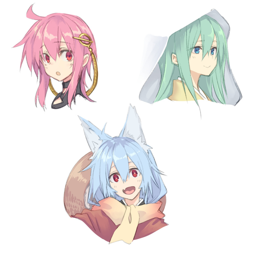 10mo 3girls ahoge ajirogasa animal_ears argyle argyle_cutout blue_hair closed_mouth clothing_cutout creator_connection fox_ears fudou_yukimitsu_(tenka_hyakken) green_eyes green_hair hair_ornament haori hat highres himetsuru_ichimonji_(tenka_hyakken) hood hood_up japanese_clothes long_hair multiple_girls murasame_sukehiro_(tenka_hyakken) open_mouth orange_scarf pink_eyes pink_hair red_eyes scarf sidelocks smile tenka_hyakken upper_body