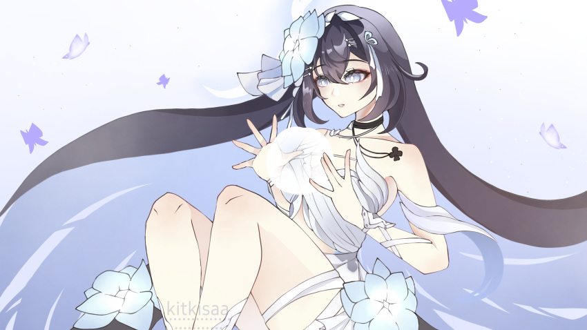 absurdres accessories bandages blue_background blush body_blush breasts bubble bug butterfly crop_top crossed_legs detached_sleeves dress flower highres honkai_(series) honkai_impact_3rd jewelry knee_blush leg_tattoo long_hair messy_hair open_mouth pale_skin purple_eyes seele_vollerei tattoo thighs white_dress