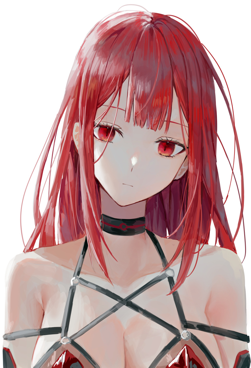 1girl abi_(user_nzav7333) absurdres bare_shoulders breasts cleavage closed_mouth collarbone commentary_request crimson_avenger_(elsword) detached_sleeves dress elesis_(elsword) elsword expressionless head_tilt highres long_hair looking_at_viewer medium_breasts red_dress red_eyes red_hair simple_background slit_pupils solo straight_hair very_long_hair white_background