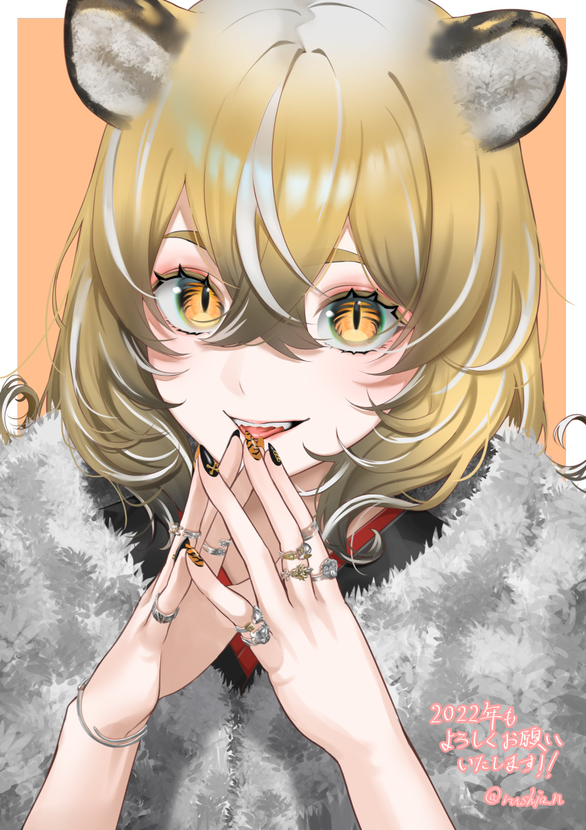 1girl absurdres animal_ears black_kimono blonde_hair crossed_bangs gradient_hair hair_between_eyes highres japanese_clothes jewelry kimono multicolored_hair multiple_rings orange_eyes original ring rushian slit_pupils solo steepled_fingers streaked_hair tiger_stripes tongue twitter_username two-tone_eyes two-tone_nails upper_body white_hair