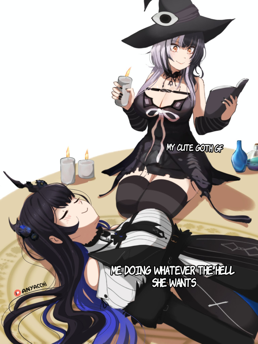 anyacchi black_choker black_dress black_hair breasts candle choker cleavage dress fur_trim grey_hair hair_ornament highres hololive hololive_english kneeling long_hair lying magic_circle multicolored_hair nerissa_ravencroft on_back ritual shiori_novella smile split-color_hair thighhighs two-tone_hair vial virtual_youtuber witch yellow_eyes