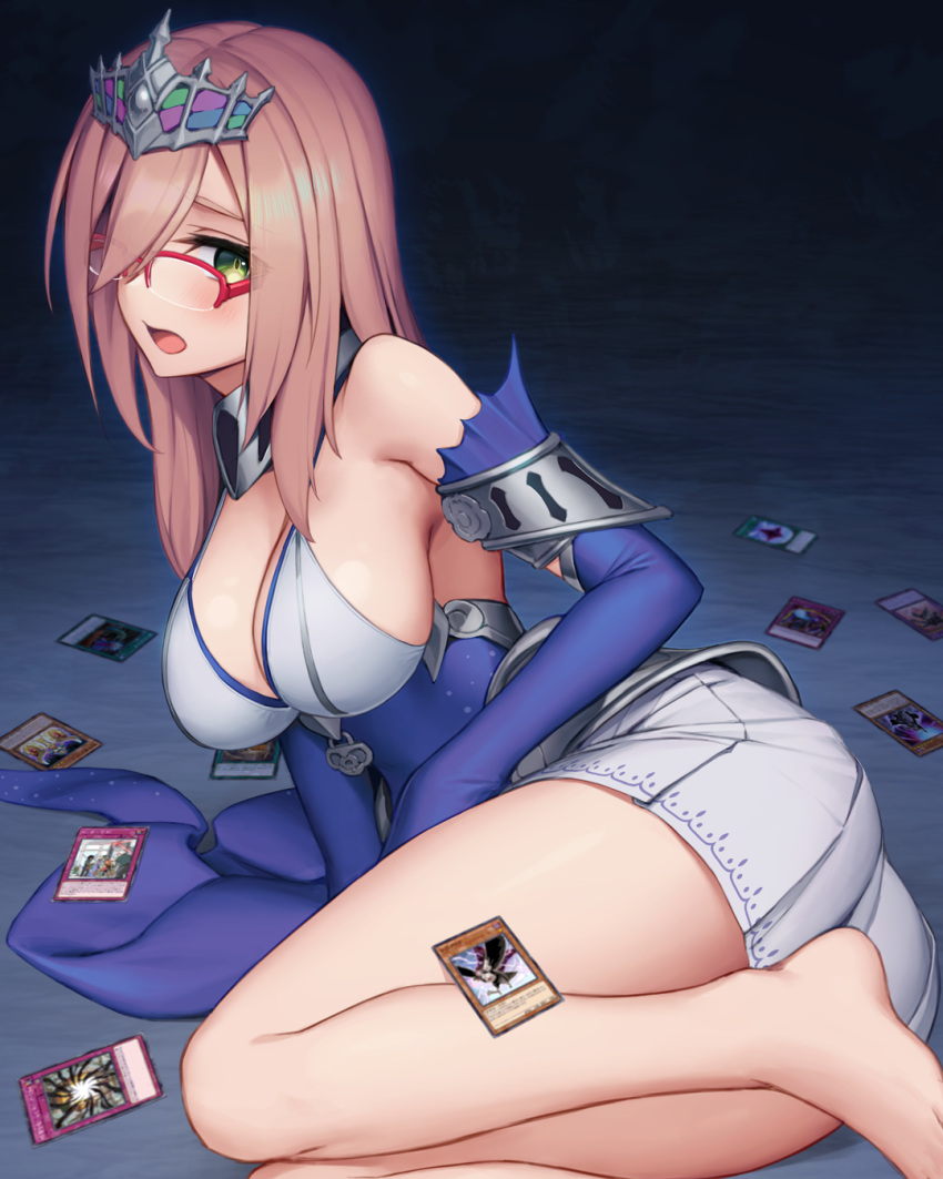 1girl agido_the_ancient_sentinel armpits bare_legs blue_dress blush breasts brown_hair called_by_the_grave card cleavage collar cosplay cosplay_girl_(rotix) d.d._crow detached_sleeves dimension_shifter dimensional_fissure dress duel_monster glasses green_eyes highres large_breasts lock long_hair long_sleeves looking_at_viewer lying metal_collar miniskirt open_mouth original red-framed_eyewear rotix semi-rimless_eyewear sideboob skirt solo strap tearlaments_havnis tearlaments_havnis_(cosplay) there_can_be_only_one tiara very_long_sleeves white_skirt yu-gi-oh!