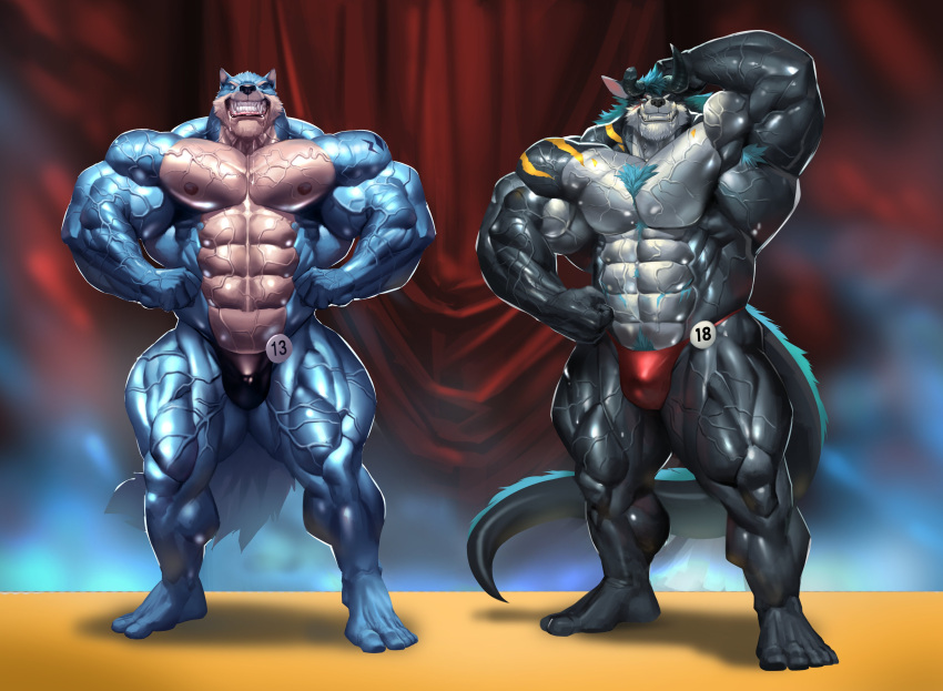 2022 2_horns absurd_res anthro armpit_hair barefoot behemoth_(ff) big_abs big_biceps big_deltoids big_pecs big_triceps black_body black_clothing black_fur black_thong black_underwear blue_body blue_fur blue_hair body_hair broken_horn canid canine canis chest_hair clothed clothing contest curtains dragon duo echin feet final_fantasy flexing_muscles flexor_carpi fur glistening glistening_body hair hand_behind_head hi_res horn hybrid inuarashi_(whitexwolfy) male mammal multicolored_body multicolored_fur muscular muscular_anthro muscular_arms muscular_male muscular_thighs nipples number numbered_tag obliques pecs quads red_clothing red_thong red_underwear shoulder_stripes square_enix stage stripes tail_mane thong thong_only topless tusks two_tone_body two_tone_fur underwear underwear_only vein veiny_muscles white_body white_fur wolf