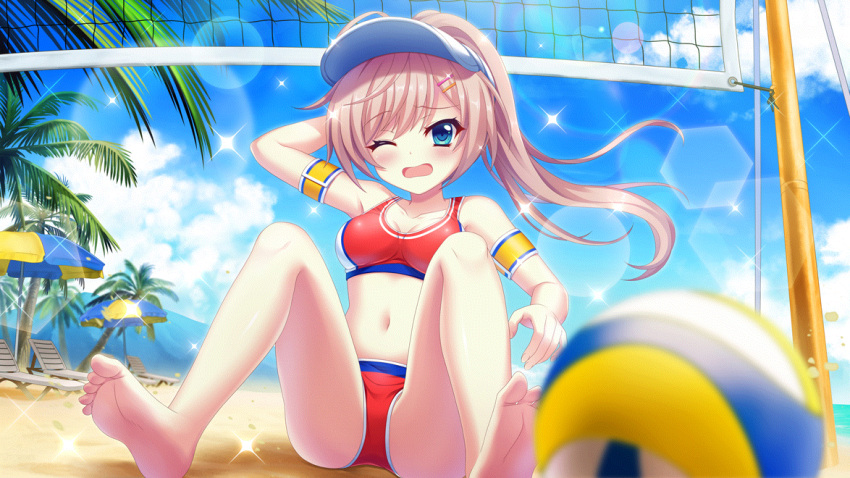 1girl arm_behind_head armband ball beach beach_umbrella bikini blue_eyes blue_sky blue_umbrella blurry blurry_foreground breasts cleavage cloud collarbone day dot_nose fallen_down feet film_grain game_cg hair_ornament hairclip high_ponytail himura_nagisa izumi_tsubasu lens_flare long_hair medium_breasts mountain navel non-circular_lens_flare non-web_source official_art on_ground one_eye_closed open_mouth outdoors palm_tree pink_hair playing_sports re:stage! recliner red_bikini sky solo sparkle sports_bikini swimsuit tree two-tone_umbrella umbrella visor_cap volleyball volleyball_(object) volleyball_net white_headwear yellow_armband yellow_umbrella