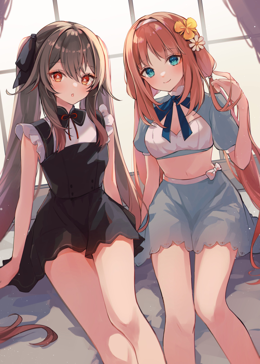 2girls 7aka_ne11 :o absurdres alternate_costume aqua_eyes bangs bare_arms black_dress black_ribbon blue_skirt breasts brown_hair casual closed_mouth colored_tips crop_top dress feet_out_of_frame flower flower-shaped_pupils frills genshin_impact hair_flower hair_ornament hair_ribbon hand_up highres hu_tao_(genshin_impact) long_hair looking_at_viewer low_twintails medium_breasts midriff multicolored_hair multiple_girls navel nilou_(genshin_impact) parted_bangs parted_lips red_eyes red_hair ribbon shirt short_dress sitting skirt smile stomach symbol-shaped_pupils thighs twintails very_long_hair white_flower white_shirt window yellow_flower