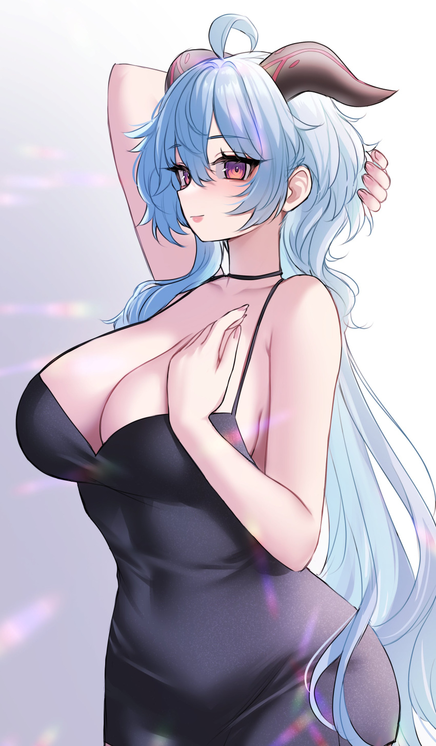 1girl absurdres ahoge arm_behind_back bare_shoulders black_dress blue_hair breasts cleavage collarbone covered_navel dress ganyu_(genshin_impact) genshin_impact highres horns large_breasts light_smile long_hair looking_at_viewer nemuaki purple_eyes sidelocks solo tight_clothes tight_dress