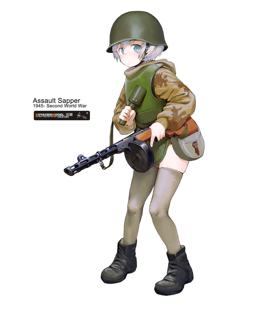 1girl absurdres black_footwear explosive full_body grenade gun helmet highres holding holding_gun holding_weapon light_machine_gun machine_gun military military_uniform original rgd-33 short_hair simple_background stick_grenade thighhighs uniform weapon white_background white_hair zhongye_yu