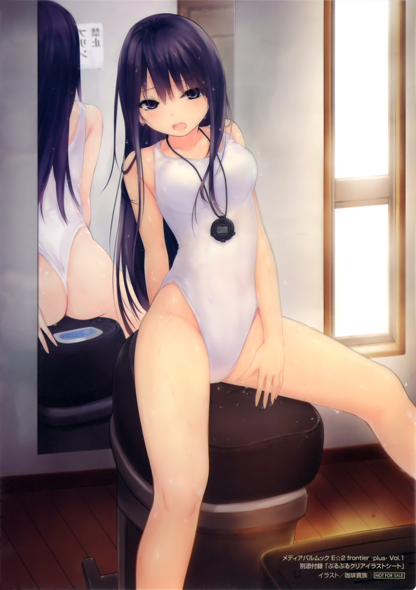 1girl absurdres arm_behind_back ass bad_reflection bare_shoulders blush breasts casual_one-piece_swimsuit coffee-kizoku collarbone e_2 error furrowed_brow hair_between_eyes highleg highleg_swimsuit highres indoors jewelry long_hair looking_at_viewer medium_breasts mirror necklace one-piece_swimsuit open_mouth original purple_eyes purple_hair reflection shiramine_rika sitting solo swimsuit thighs tsurime wet wet_clothes wet_hair wet_swimsuit white_one-piece_swimsuit white_swimsuit window wooden_floor
