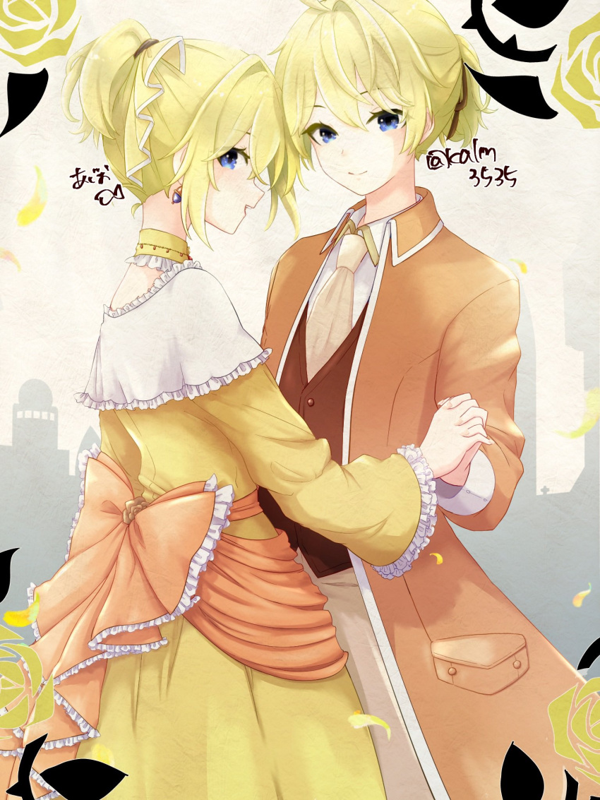 1boy 1girl aku_no_meshitsukai_(vocaloid) aku_no_musume_(vocaloid) allen_avadonia ascot blonde_hair blue_eyes bow brother_and_sister brown_jacket building castle choker collared_jacket collared_shirt detached_collar dress dress_bow earrings evillious_nendaiki falling_petals flower frilled_choker frills hair_bow hair_ribbon high_ponytail highres holding_hands interlocked_fingers jacket jewelry kagamine_len kagamine_rin kalm3535 looking_at_viewer off-shoulder_dress off_shoulder open_clothes open_jacket open_mouth orange_bow orange_jacket petals profile ribbon riliane_lucifen_d'autriche rose shirt short_ponytail siblings sideways_glance silhouette smile twins updo vocaloid white_shirt yellow_bow yellow_choker yellow_dress yellow_flower yellow_rose