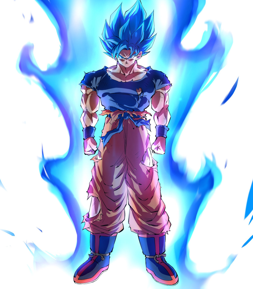 1boy absurdres aura battle_damage biceps blue_eyes blue_footwear blue_hair blue_sash blue_shirt blue_wristband clenched_hands dougi dragon_ball dragon_ball_super full_body highres long_hair looking_at_viewer male_focus muscular muscular_male pants pectorals rz28kp sash shirt short_sleeves simple_background son_goku spiked_hair super_saiyan super_saiyan_blue torn_clothes torn_pants torn_shirt v-shaped_eyebrows white_background wristband