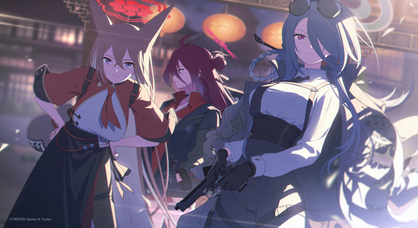 3girls animal_ears black_gloves black_skirt blue_archive braid breasts brown_hair closed_mouth company_name eyewear_on_head gloves green_hair gun hair_between_eyes hair_over_one_eye halo handgun hands_on_own_hips hennnachoco highres holding holding_gun holding_weapon jacket lantern large_breasts long_hair long_sleeves looking_at_viewer mina_(blue_archive) multiple_girls official_art red_hair reizyo_(blue_archive) rumi_(blue_archive) skirt sunglasses very_long_hair weapon