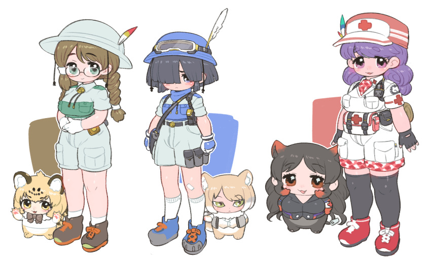 6+girls animal_ears black_hair blonde_hair blue_eyes brown_hair captain_(kemono_friends) extra_ears glasses gloves goggles green_eyes hat hat_feather highres hippopotamus_(kemono_friends) jaguar_(kemono_friends) kemono_friends kemono_friends_3 kuro_(kurojill) long_hair looking_at_viewer multiple_girls purple_hair red_eyes shirt shoes short_hair shorts simple_background socks tail tibetan_fox_(kemono_friends)