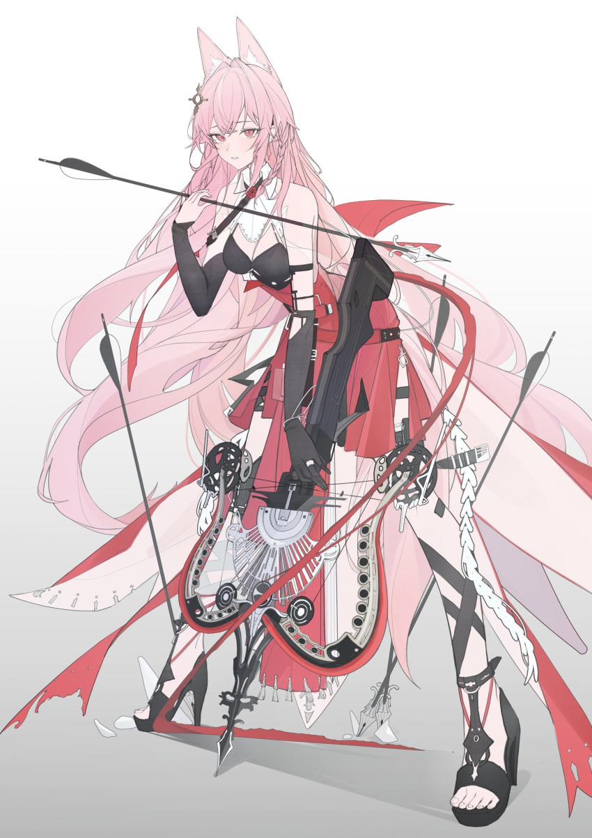 1girl animal_ears arknights arrow_(projectile) bare_shoulders black_footwear black_gloves breasts cleavage crossbow elbow_gloves fox_ears gloves hair_ornament high_heels highres holding holding_arrow holding_crossbow holding_weapon kindnessxn long_hair pink_hair pozyomka_(arknights) red_eyes solo spread_legs toeless_footwear very_long_hair weapon