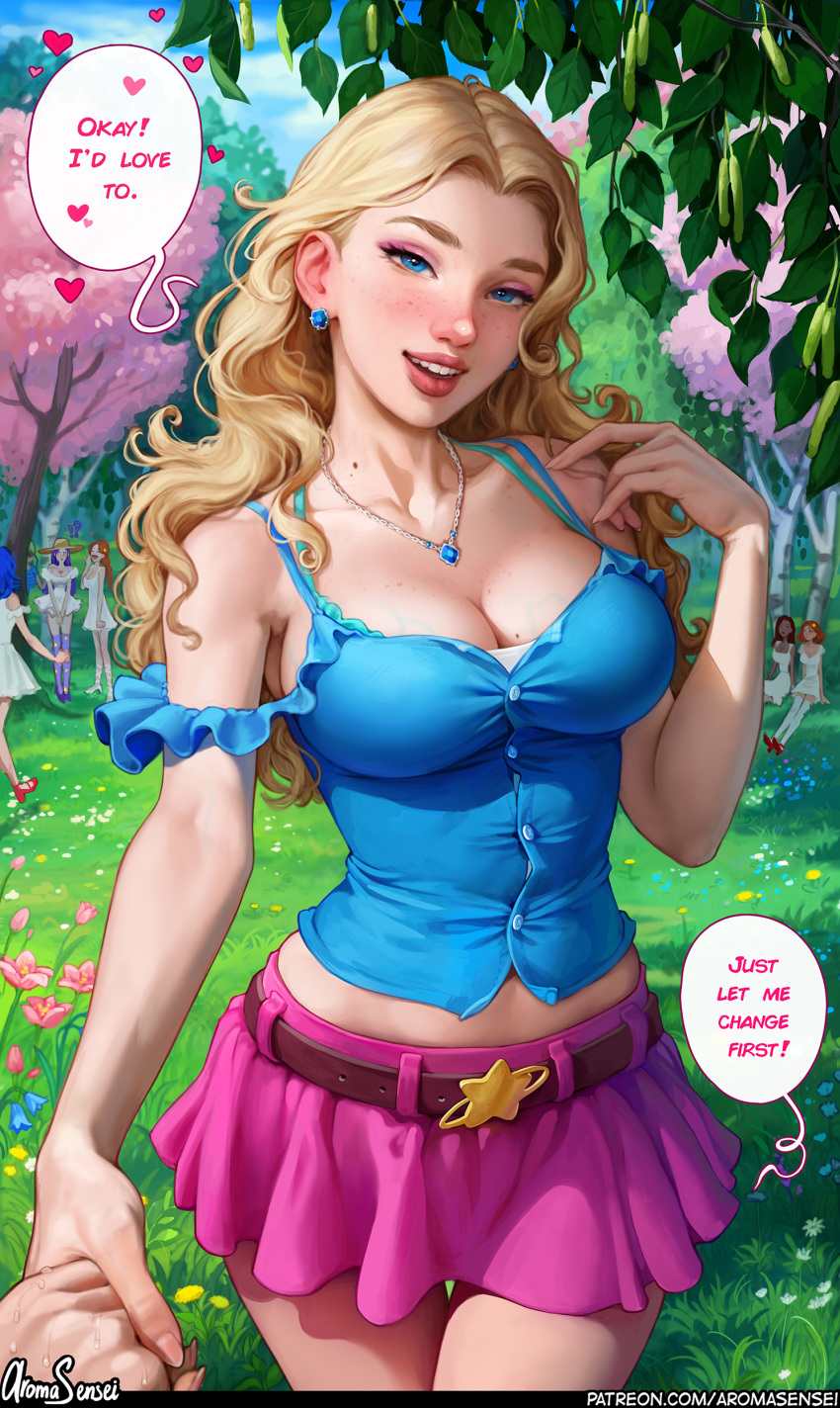 1girl absurdres aqua_footwear aroma_sensei artist_name bare_shoulders belt blonde_hair blue_eyes blue_shirt blush breasts camisole cleavage collarbone contrapposto cowboy_shot english_text eyeshadow forehead forest frilled_shirt frills grass haley_(stardew_valley) hand_up heart highres holding_hands jewelry large_breasts long_hair looking_at_viewer makeup maru_(stardew_valley) midriff_peek miniskirt mole mole_on_breast nature naughty_face necklace nose open_mouth outdoors parted_hair patreon_username penny_(stardew_valley) petals pink_skirt pov pov_hands reaching reaching_towards_viewer shirt shoes skirt smile socks solo_focus speech_bubble standing star_(symbol) stardew_valley thigh_gap wavy_hair web_address white_socks