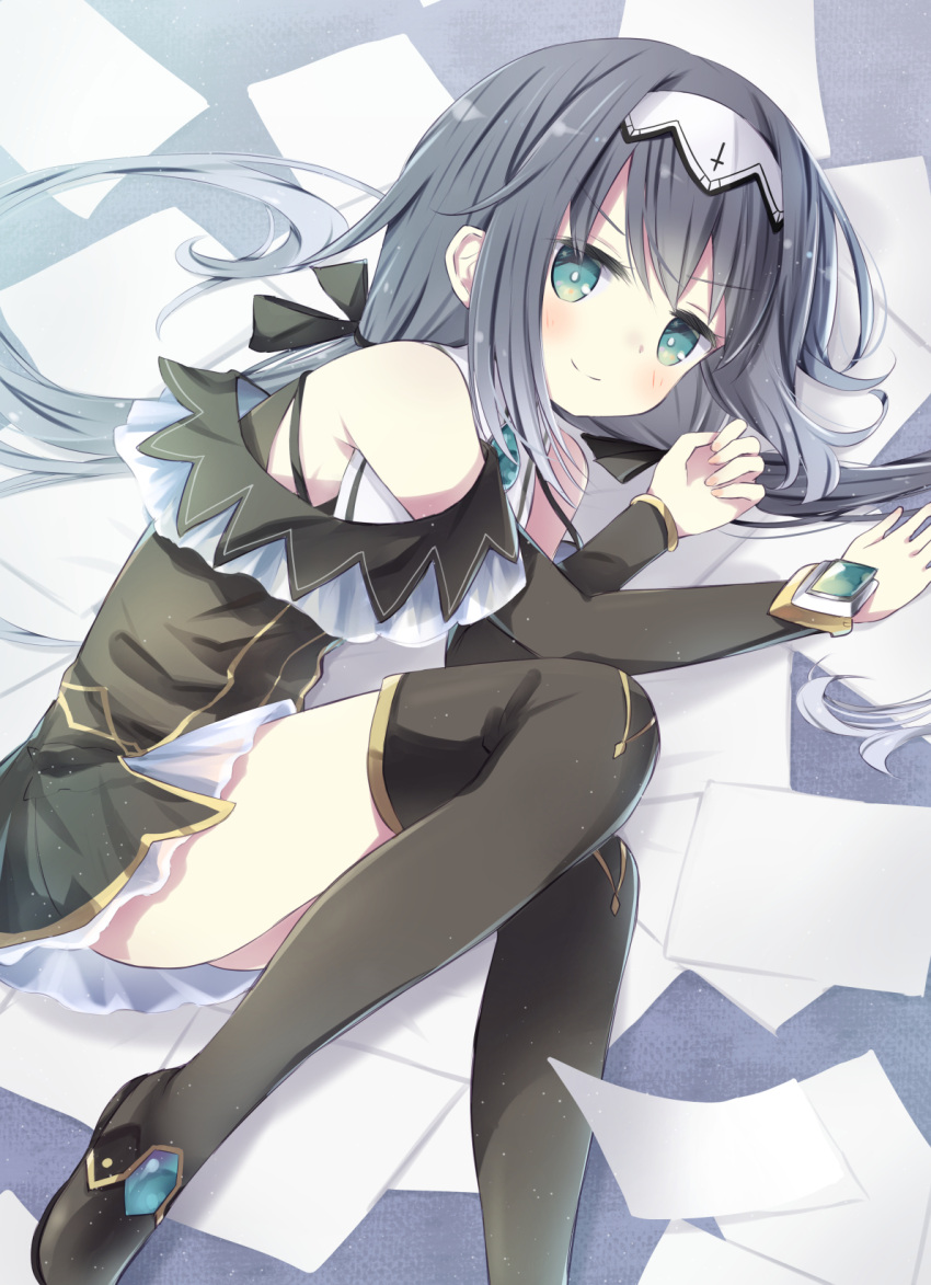 1girl aqua_gemstone bare_shoulders black_dress black_footwear date_a_live dress frilled_dress frills gem gold_trim green_eyes green_gemstone grey_hair headband highres ichiyo12 kneehighs light_blush long_hair lying nibelcol on_side paper smile socks solo white_headband