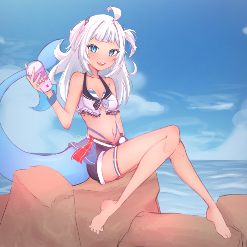 1girl ahoge alternate_costume bad_feet bare_shoulders barefoot bikini bikini_under_shorts blue_hair blue_sky blue_tail blush breasts collarbone commentary cup disposable_cup english_commentary eyelashes fins fish_tail frilled_bikini frills full_body gawr_gura grimace_shake_(meme) hair_ornament hand_up highleg highleg_bikini highres holding hololive hololive_english hololive_summer_2023_swimsuit knees_together_feet_apart legs looking_at_viewer meme multicolored_hair nefu4i outdoors shark_girl shark_hair_ornament shark_tail sharp_teeth short_shorts shorts sitting sky small_breasts solo streaked_hair swimsuit tail teeth thigh_strap thighs toes two_side_up virtual_youtuber white_hair
