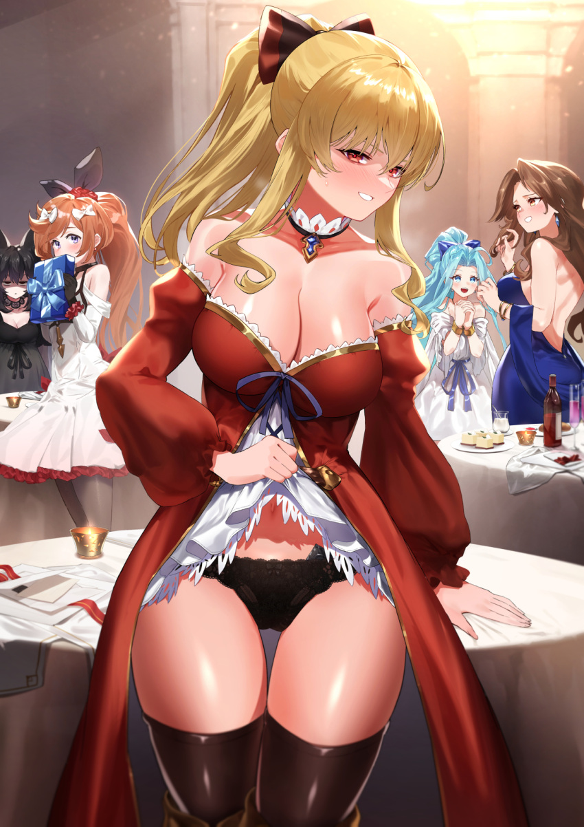 alcohol animal_ears black_hair black_panties blonde_hair blue_dress blue_hair blush bottle breasts brown_hair clarisse_(granblue_fantasy) clarisse_(soleil_blanc)_(granblue_fantasy) clothes_lift commentary condom dress gift granblue_fantasy highres katalina_(granblue_fantasy) katalina_(luck_be_a_lady)_(granblue_fantasy) long_hair lyria_(granblue_fantasy) nier_(granblue_fantasy) panties ponytail red_dress red_eyes ribbon saru_(pixiv13751598) skirt skirt_lift smile table underwear wine wine_bottle