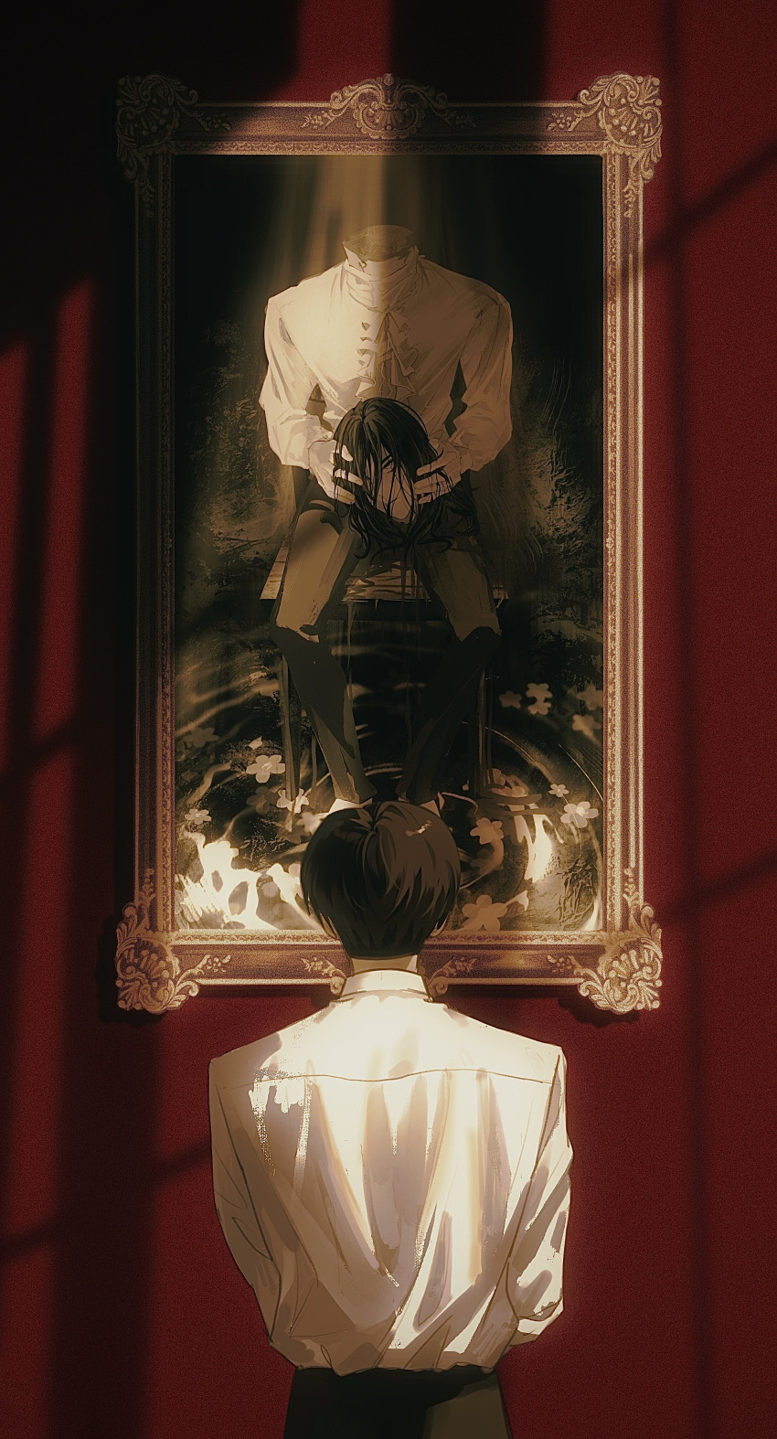 1boy absurdres alternate_costume ascot collared_shirt disembodied_head eren_yeager framed_image full_body headless highres levi_(shingeki_no_kyojin) looking_at_object messy_hair portrait_(object) ppttppff shingeki_no_kyojin shirt short_hair solo upper_body window_shade