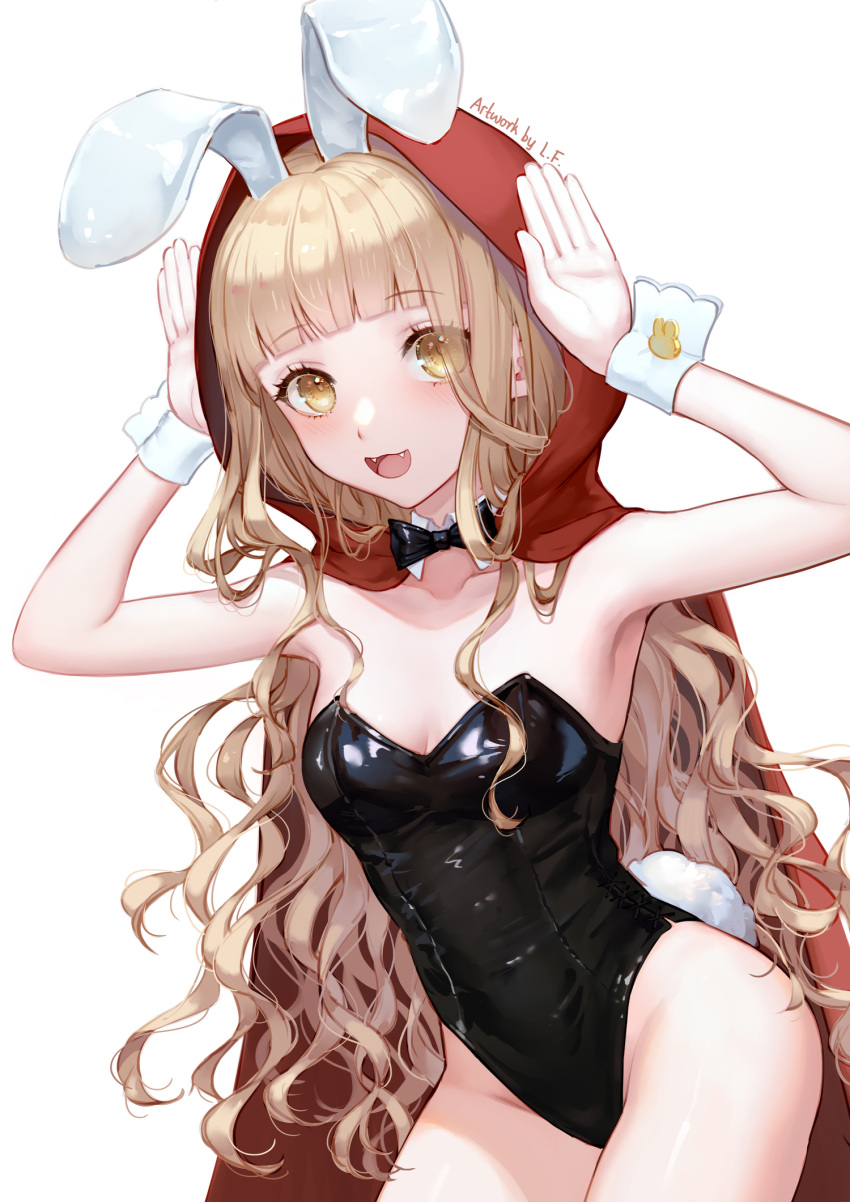1girl animal_ears artist_name blonde_hair blunt_bangs blush breasts cleavage cloak curly_hair detached_collar fangs hands_up highleg highleg_leotard highres hood hooded_cloak leotard lf_(paro) little_red_riding_hood_(grimm) long_hair looking_at_viewer open_mouth playboy_bunny rabbit_ears rabbit_tail red_cloak shiny_clothes sinoalice small_breasts solo tail thighs upper_body white_background yellow_eyes