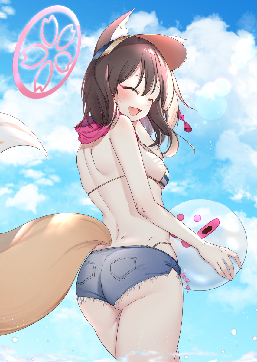 1girl :d ^_^ absurdres adjusting_hair animal_ear_fluff animal_ears ass ball bare_back beachball bikini black_hair blue_archive blue_sky blurry breasts closed_eyes cloud cloudy_sky commentary_request denim denim_shorts depth_of_field eyeshadow fang fox_ears fox_girl fox_tail from_behind hair_between_eyes halo head_tilt highres holding holding_ball holding_beachball in_water izuna_(blue_archive) izuna_(swimsuit)_(blue_archive) looking_at_viewer looking_back makeup medium_breasts medium_hair midriff official_alternate_costume one_side_up outdoors red_eyeshadow red_scarf rope scarf shimenawa short_shorts shorts shoulder_blades sideboob sidelocks skin_fang sky sleeveless smile solo striped striped_bikini swimsuit tail visor_cap water_drop xiao_jian