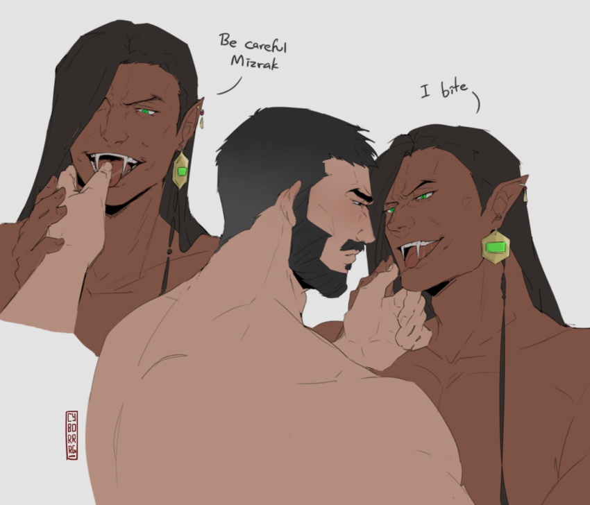 2boys bara beard black_hair buzz_cut castlevania castlevania:_nocturne dark-skinned_male dark_skin english_text facial_hair fangs finger_in_another's_mouth from_side guiding_hand half-closed_eyes highres long_hair male_focus mature_male mizrak_(castlevania) multiple_boys muscular muscular_male nude olrox pointy_ears sai_(cyborrrg) sanpaku seductive_smile short_hair smile thick_eyebrows thick_mustache tongue tongue_out upper_body very_short_hair yaoi