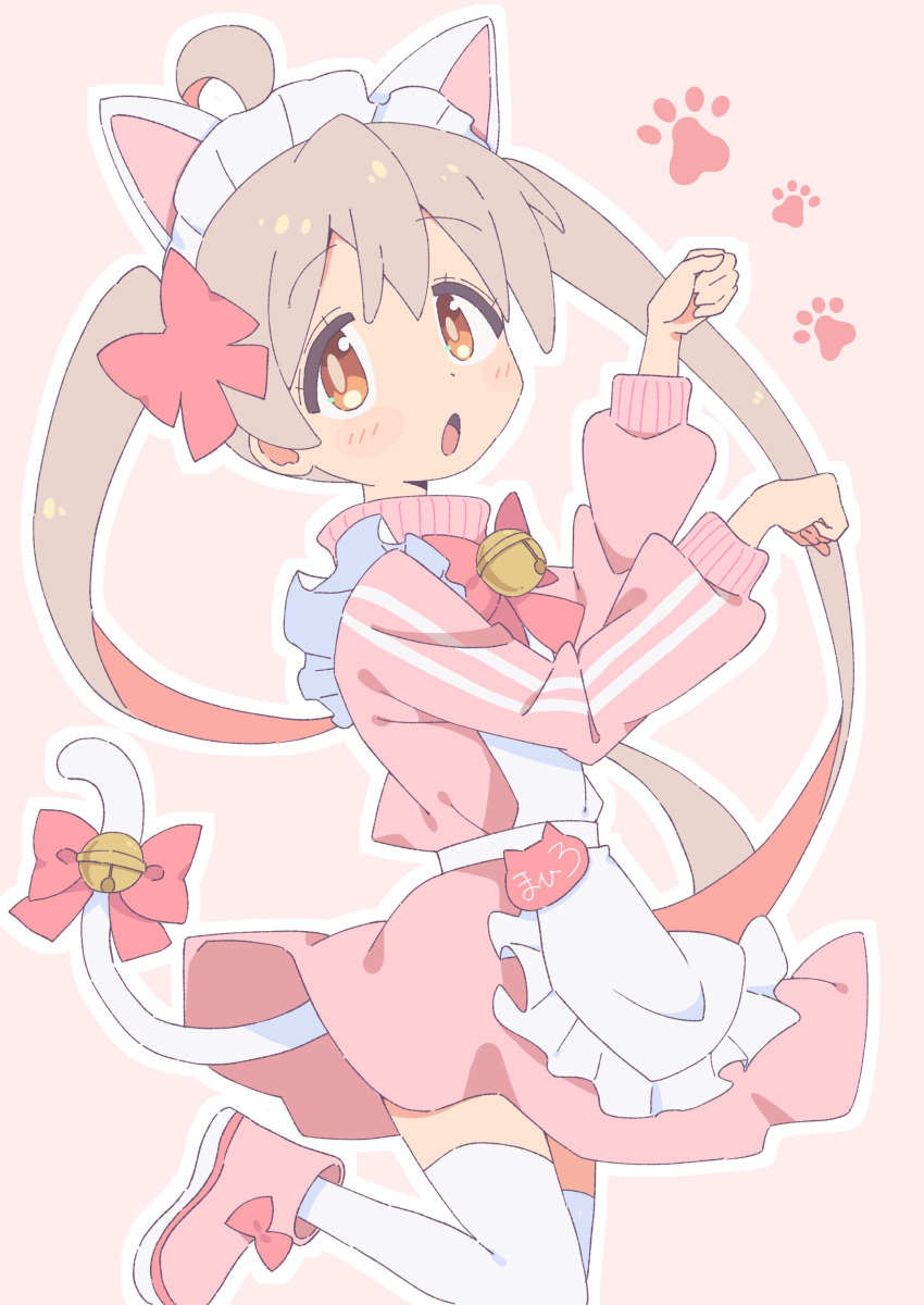 1girl absurdres ahoge animal_ears apron bell blush boots bow bowtie cat_ears cat_tail genderswap genderswap_(mtf) hair_bow highres jingle_bell long_hair long_sleeves looking_at_viewer maid maid_apron maid_headdress neck_bell onii-chan_wa_oshimai! open_mouth orange_eyes oyama_mahiro paw_pose pink_hair solo tail tail_bell tail_ornament thighhighs translation_request twintails user_muet3237 zettai_ryouiki