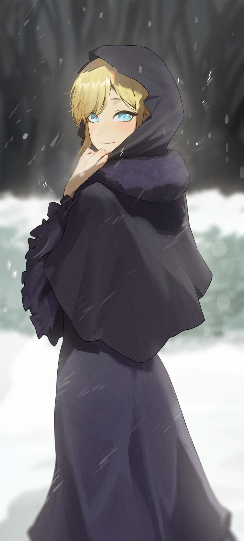 1girl absurdres adjusting_hood alice_lendrott black_capelet black_hood blonde_hair blue_eyes capelet closed_mouth dress forest hand_blush hand_up highres hood hood_up kji_(rozo) light_blush long_dress looking_at_viewer looking_back nature outdoors purple_dress shinigami_bocchan_to_kuro_maid snow snowing solo standing