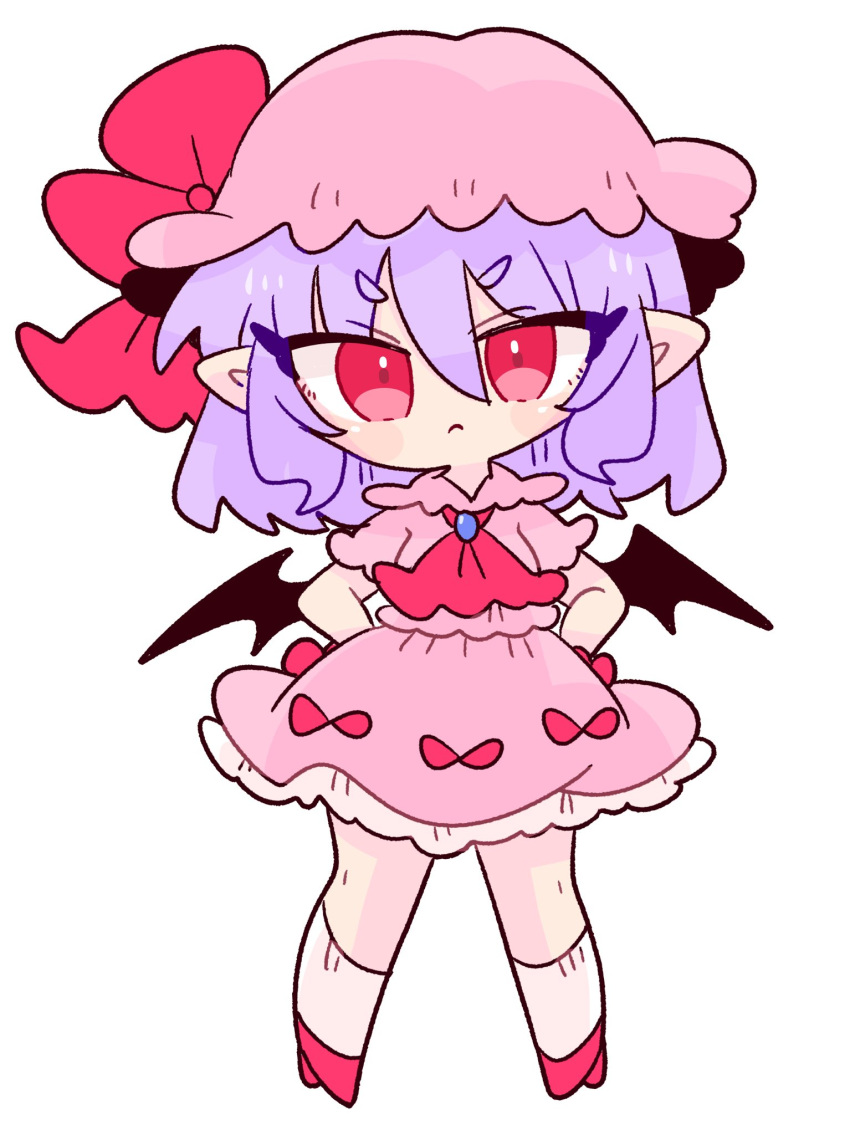 1girl bat_wings frilled_sleeves frills hat hat_ribbon highres light_purple_hair mob_cap op_na_yarou pink_shirt pink_skirt pointy_ears puffy_short_sleeves puffy_sleeves red_eyes red_footwear remilia_scarlet ribbon shirt short_hair short_sleeves skirt socks solo touhou white_socks wings wrist_cuffs