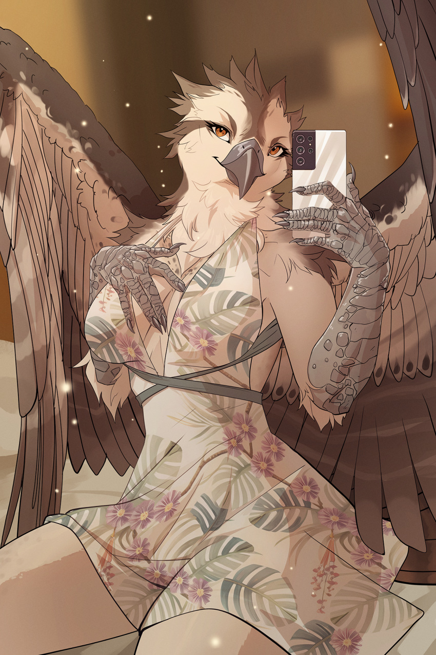 anthro avian beak biped bird breasts cellphone clothed clothing dress feathered_wings feathers female hand_on_breast hi_res looking_at_viewer lynjox phone selfie smartphone solo talons wings