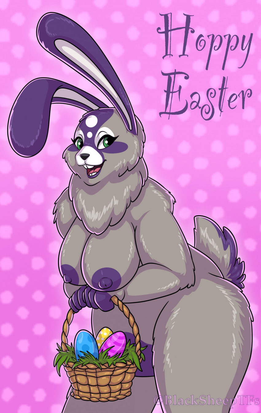 2023 absurd_res alternate_species anthro areola basket blacksheeptfs breasts brown_eyes buckteeth character_request colored container curvy_figure dewlap_(anatomy) digital_drawing_(artwork) digital_media_(artwork) dotted_background easter easter_basket easter_egg english_text eyelashes female fur grey_body grey_fur hi_res holidays lagomorph leporid mammal markings nipples nude nude_female open_mouth pattern_background pink_background purple_areola purple_ears purple_markings purple_nipples rabbit scut_tail short_tail simple_background smile solo standing tail teeth text thick_thighs unknown_character