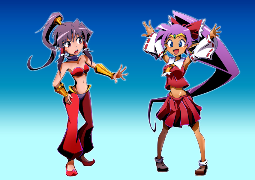 2girls absurdres armpits ascot bandeau blue_background blush bow bracer breasts brown_eyes brown_hair choker cleavage collared_shirt commentary_request cosplay costume_switch crossover dark-skinned_female dark_skin detached_sleeves earrings forehead_jewel frilled_bow frilled_hair_tubes frills full_body gradient_background hair_bow hair_tubes hakurei_reimu hakurei_reimu_(cosplay) harem_pants high_ponytail highres hoop_earrings jewelry kduf long_hair medium_breasts midriff multiple_girls navel o-ring o-ring_top open_mouth pants pointy_ears pointy_footwear purple_choker purple_hair red_bandeau red_bow red_footwear red_shirt red_skirt ribbon-trimmed_sleeves ribbon_trim shantae shantae_(cosplay) shantae_(series) shirt sidelocks skirt skirt_set sleeveless sleeveless_shirt smile standing tiara touhou very_long_hair white_sleeves wide_sleeves yellow_ascot