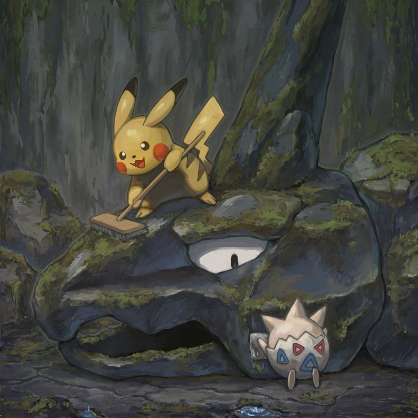 :d absurdres black_eyes bright_pupils broom cleaning commentary_request highres holding holding_broom moss no_humans onix open_mouth pikachu pokemon pokemon_(creature) raid_(donghyeok) smile togepi tongue water white_pupils