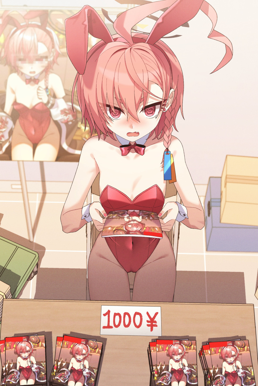 1girl @_@ absurdres ahoge animal_ears blue_archive blush bow bowtie braid detached_collar fake_animal_ears flat_chest halo highres holding holding_magazine huge_ahoge hwaen leotard looking_at_viewer magazine_(object) market_stall mole mole_under_each_eye mole_under_eye neru_(blue_archive) neru_(bunny)_(blue_archive) official_alternate_costume open_mouth orange_hair playboy_bunny rabbit_ears red_bow red_bowtie red_eyes red_leotard single_braid solo strapless strapless_leotard tag traditional_bowtie