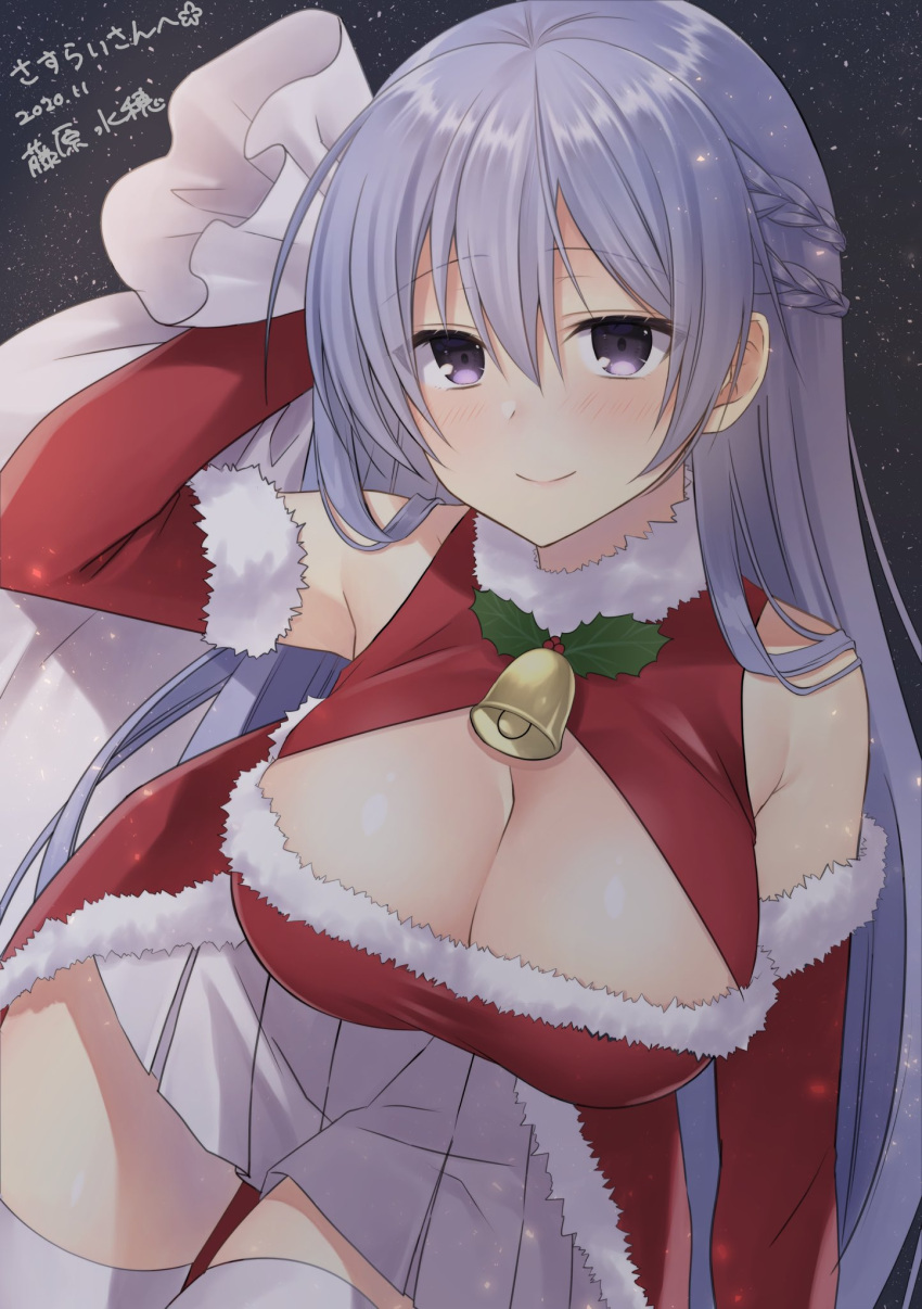 1girl 2020 arm_up armpit_crease azur_lane bag bare_shoulders bell black_background blue_eyes blue_hair blush braid breasts breasts_day cleavage cleavage_cutout closed_mouth clothing_cutout commentary_request commission dated detached_sleeves double-parted_bangs dress eyelashes french_braid fujiwara_minaho fur-trimmed_dress fur-trimmed_sleeves fur_trim gift_bag gloves good_breasts_day hair_between_eyes hair_over_shoulder highres holding holding_bag large_breasts leaning_forward light_blue_hair light_particles long_hair looking_at_viewer miniskirt mistletoe neck_bell pleated_skirt purple_eyes rodney_(azur_lane) santa_dress santa_gloves second-party_source simple_background skeb_commission skirt smile solo thigh_gap thighhighs very_long_hair white_fur white_skirt white_thighhighs zettai_ryouiki