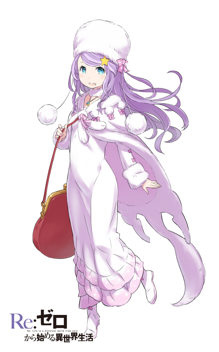 1girl :d absurdres anastasia_hoshin bag blue_eyes blush boots bow breasts dress floating_hair full_body fur_hat fur_trim hair_ornament happy hat hat_bow highres jewelry layered_dress light_purple_hair long_hair long_sleeves necklace official_art ootsuka_shin'ichirou open_mouth pendant pom_pom_(clothes) re:zero_kara_hajimeru_isekai_seikatsu shoulder_bag simple_background small_breasts smile solo standing star_(symbol) star_hair_ornament swept_bangs white_background white_theme winter_clothes