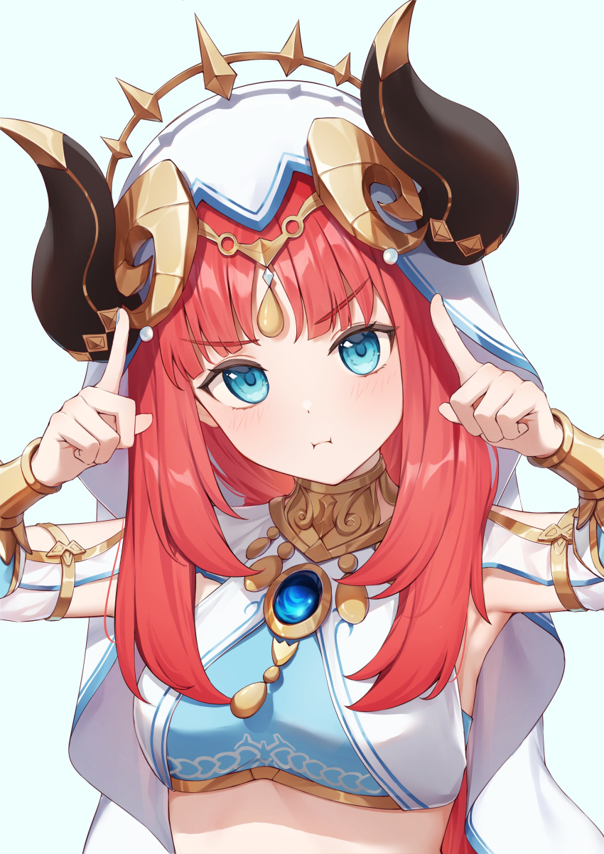 1girl :i absurdres aqua_background aqua_eyes armpits blush bracer breasts brooch circlet closed_mouth crop_top detached_sleeves fake_horns genshin_impact gold_trim hands_up highres horns index_finger_raised jewelry long_hair looking_at_viewer medium_breasts neck_ring nilou_(genshin_impact) parted_bangs portrait pout red_hair sidelocks simple_background solo upper_body v-shaped_eyebrows veil yuu_maraa