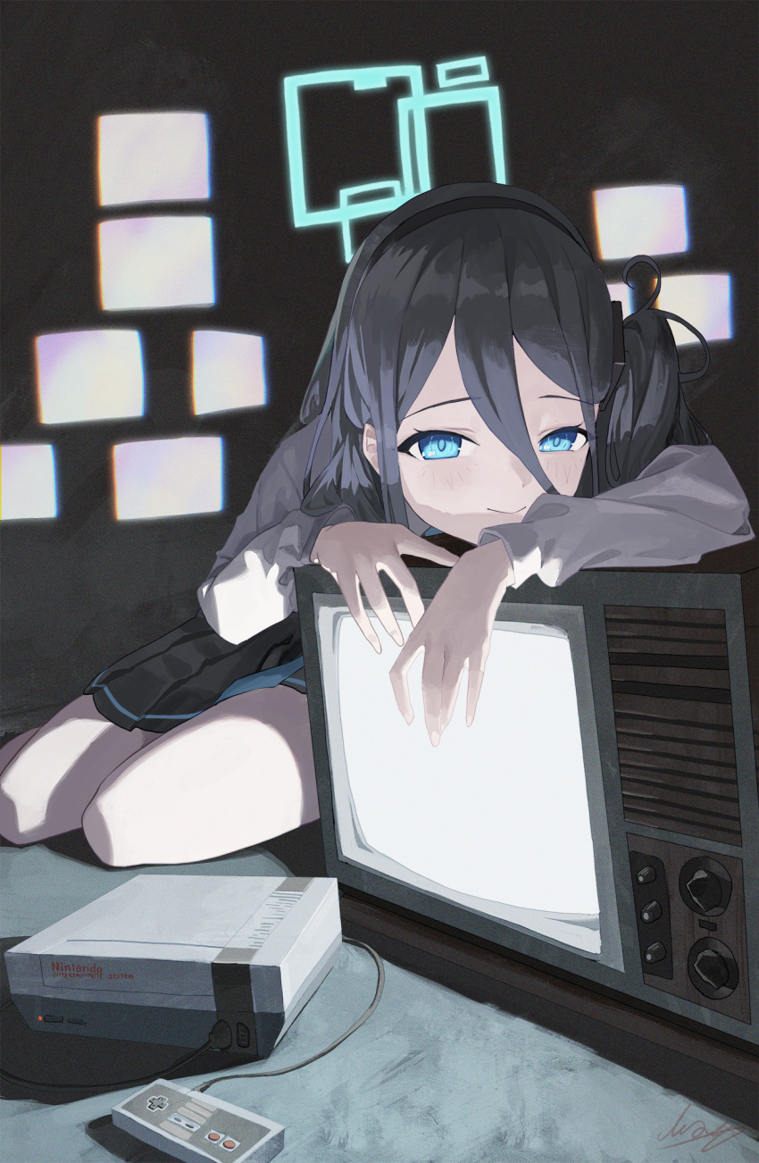 1girl aris_(blue_archive) black_hair black_hairband black_skirt blue_archive blue_eyes blue_necktie game_console hairband halo highres long_sleeves looking_at_viewer lying m.q_(mqkyrie) necktie nes on_side one_side_up pleated_skirt skirt solo television