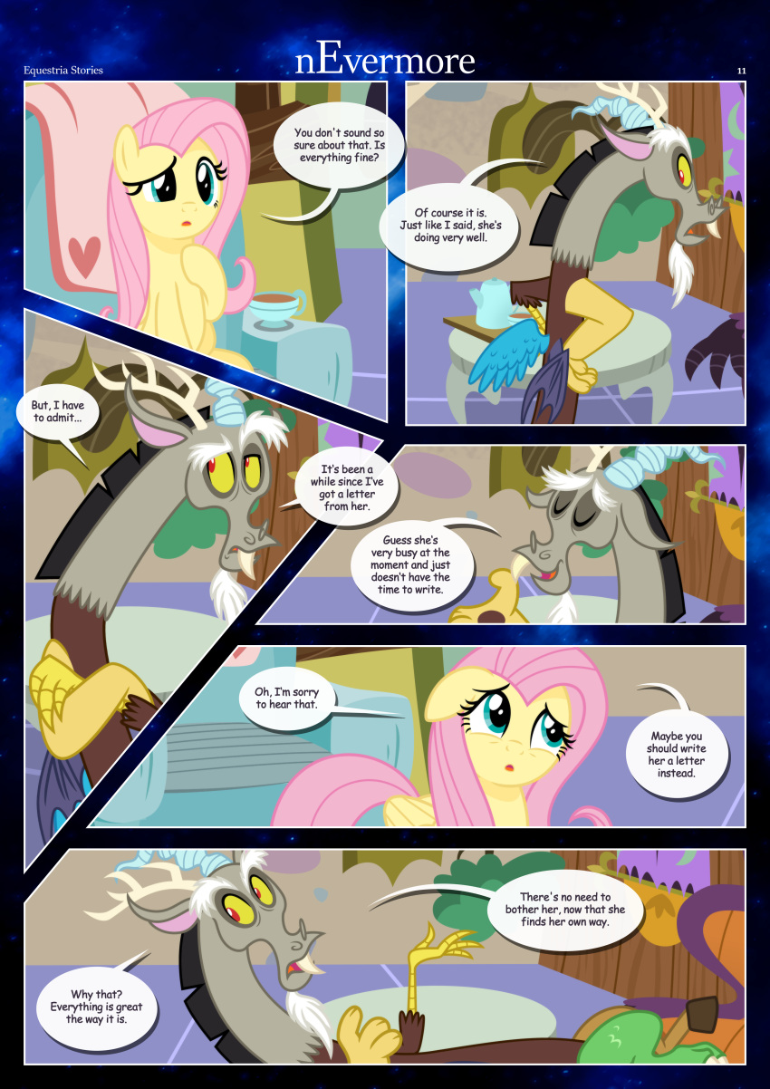 absurd_res anthro beverage border chair chimera container crossed_arms cup dialogue discord_(mlp) draconequus duo ears_down ears_up equid equine estories eyes_closed female feral fluttershy_(mlp) friendship_is_magic furniture glancing_back hasbro hi_res inside male mammal my_little_pony no_cutiemark pegasus pivoted_ears sitting standing white_border wings worried_look
