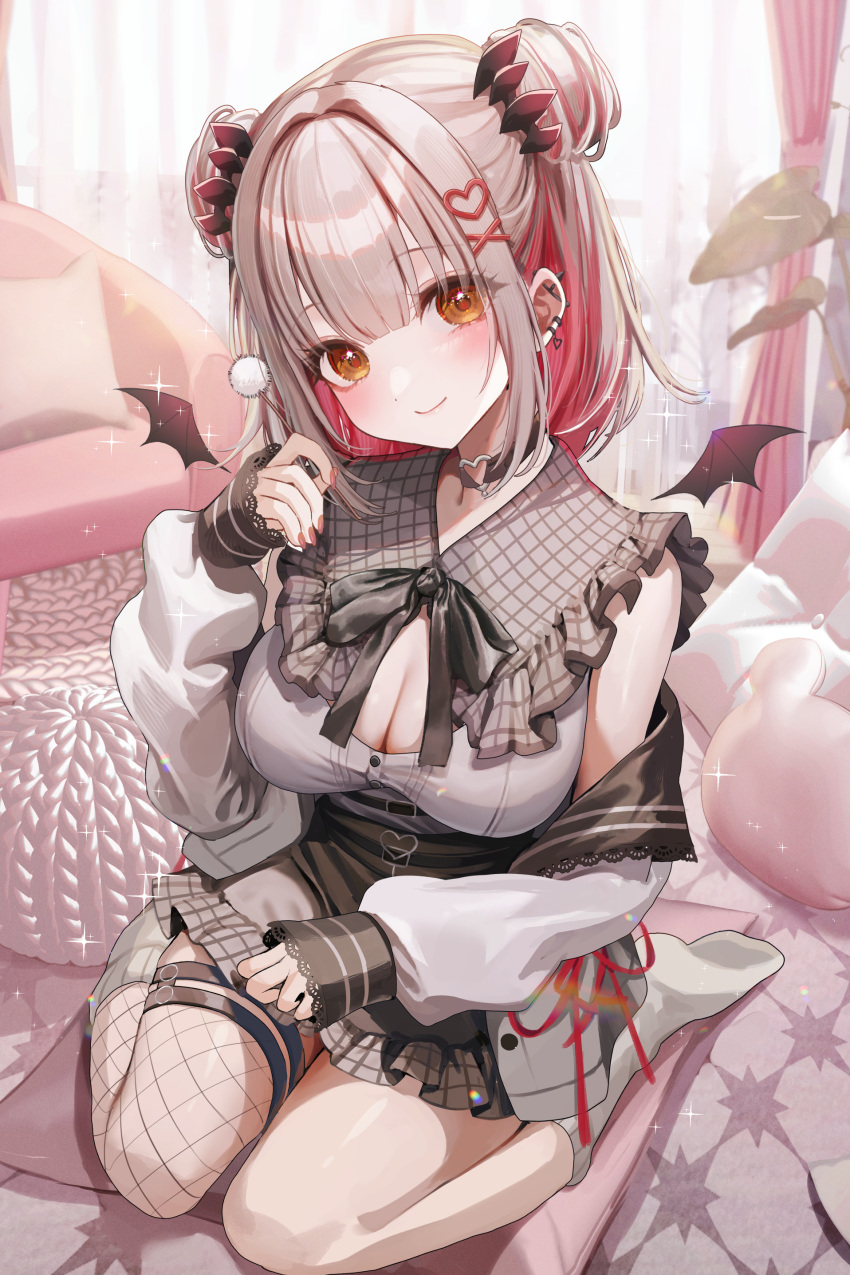 1girl absurdres black_bow black_bowtie bow bowtie breasts cleavage closed_mouth couch curtains ear_piercing highres indie_virtual_youtuber kudou_(sikisiki0000) light_brown_hair looking_at_viewer mimikaki multicolored_hair on_pillow piercing red_hair smile socks suou_patra two-tone_hair virtual_youtuber white_socks window yellow_eyes