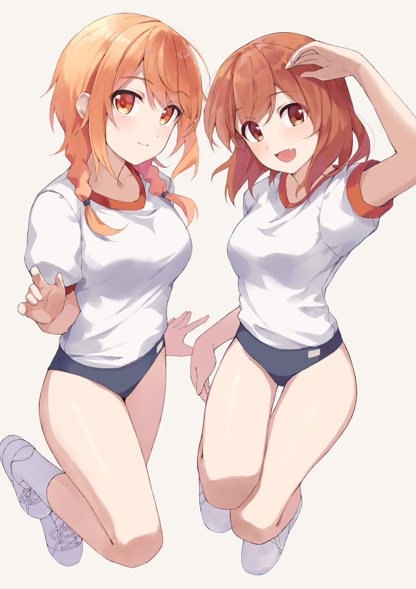 2girls absurdres arm_up black_shorts braid breasts brown_eyes brown_hair buruma closed_mouth commentary_request commission fang full_body gym_uniform highres inokuma_youko kin-iro_mosaic long_hair looking_at_viewer medium_breasts medium_hair multiple_girls natsuki_hinata open_mouth orange_hair pixiv_commission shirt shoes short_sleeves shorts sidelocks simple_background smile tonari_no_kyuuketsuki-san twin_braids white_background white_footwear white_shirt yanagi_marie